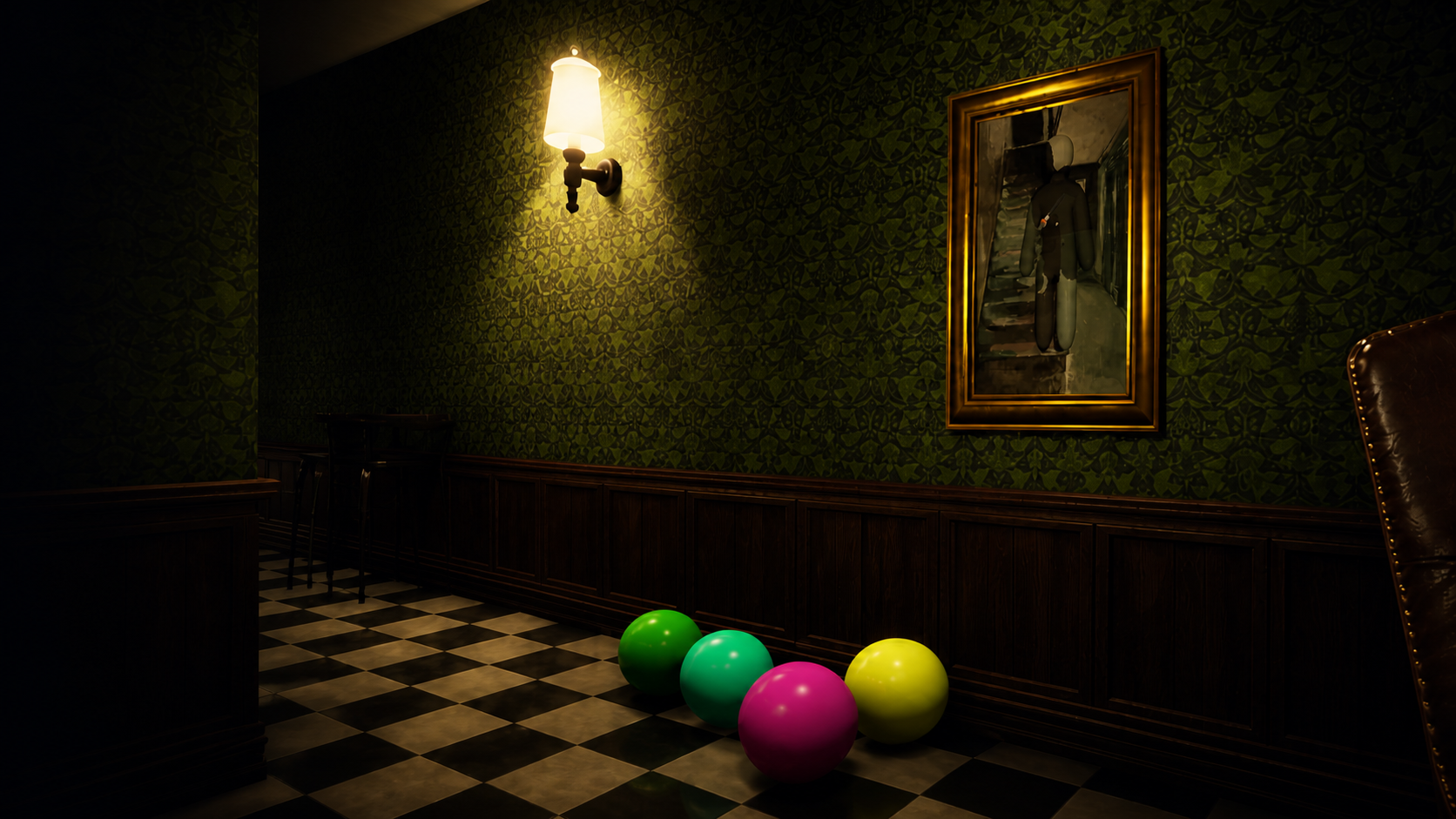 A camouflaged player hidden in a framed picture inside a green room